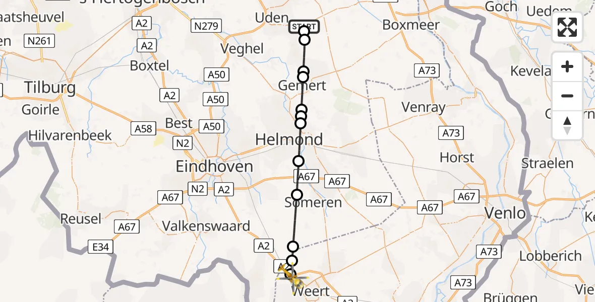 Vluchtroute Traumahelikopter Vliegbasis Volkel - Weert, 20 juli 2026, 13:49