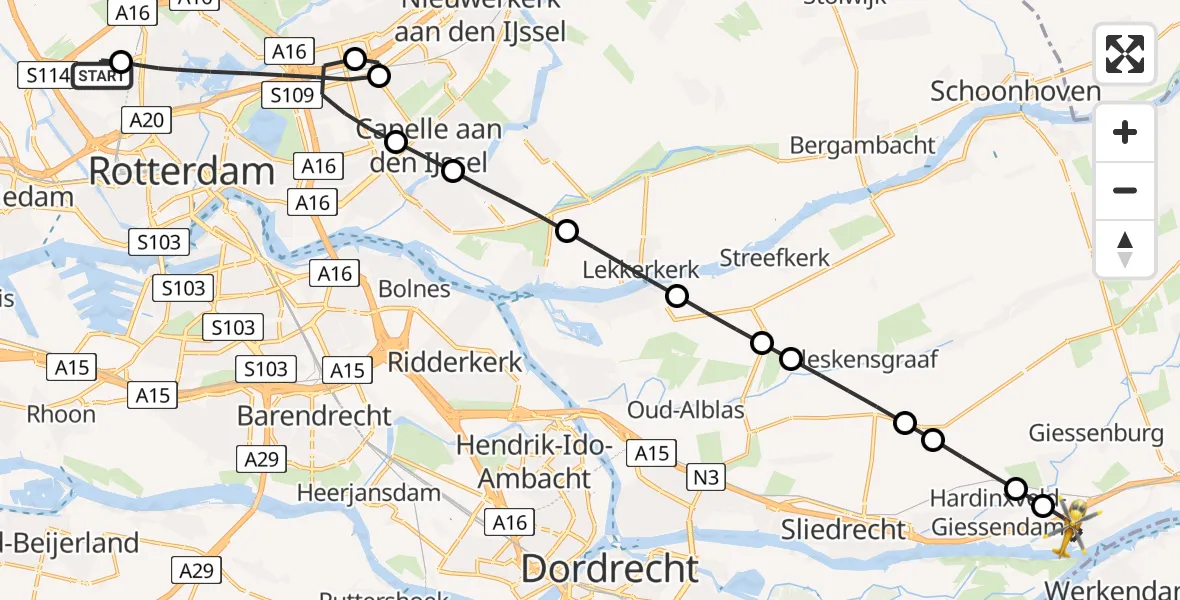 Vluchtroute Traumahelikopter Rotterdam The Hague Airport - Hardinxveld-Giessendam, 20 juli 2026, 14:05