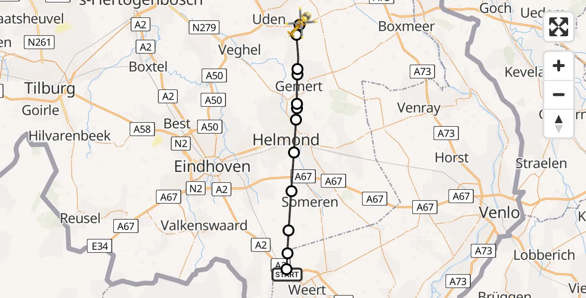 Vluchtroute Traumahelikopter Weert - Vliegbasis Volkel, 20 juli 2026, 14:26