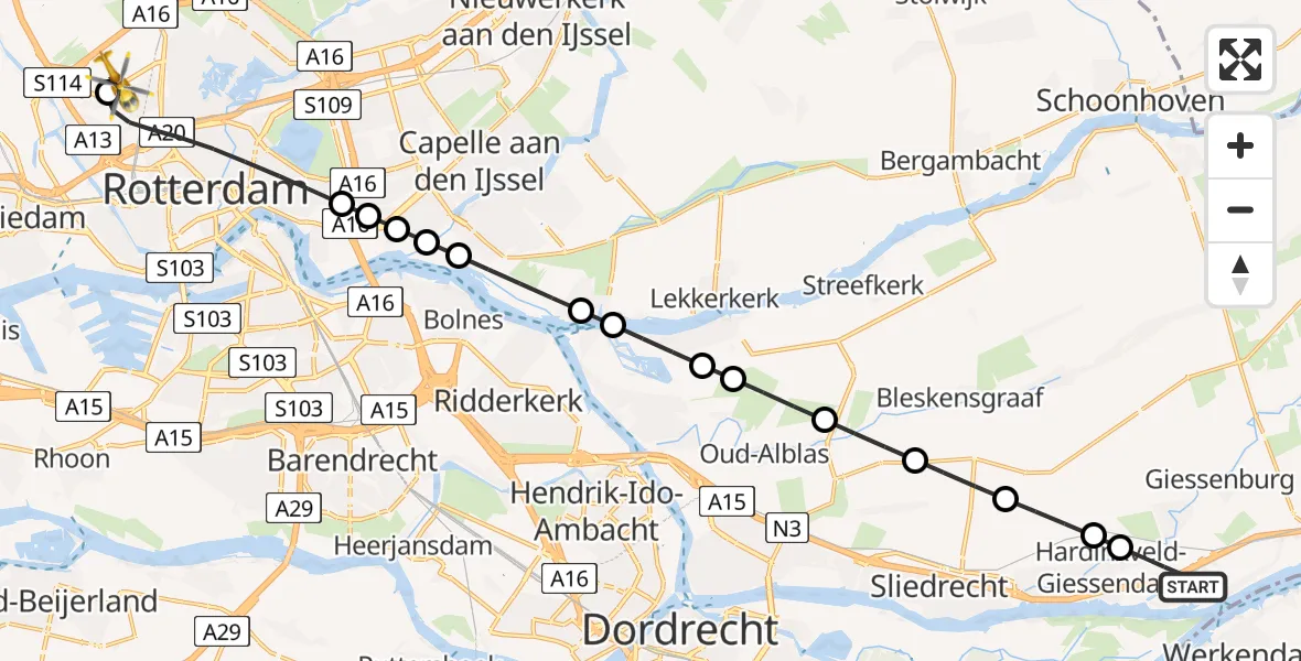 Vluchtroute Traumahelikopter Hardinxveld-Giessendam - Rotterdam The Hague Airport, 20 juli 2026, 14:42