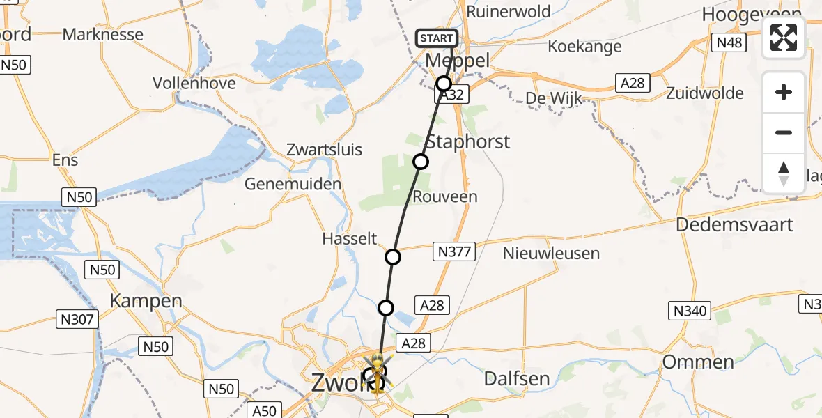 Vluchtroute Traumahelikopter Meppel - Isala Hospital Zwolle Heliport, 20 juli 2026, 16:51