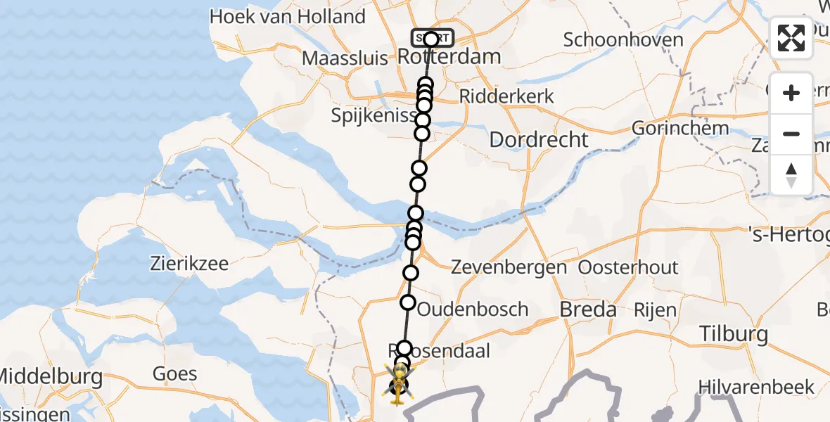 Vluchtroute Traumahelikopter Rotterdam The Hague Airport - Bergen op Zoom, 20 juli 2026, 17:02