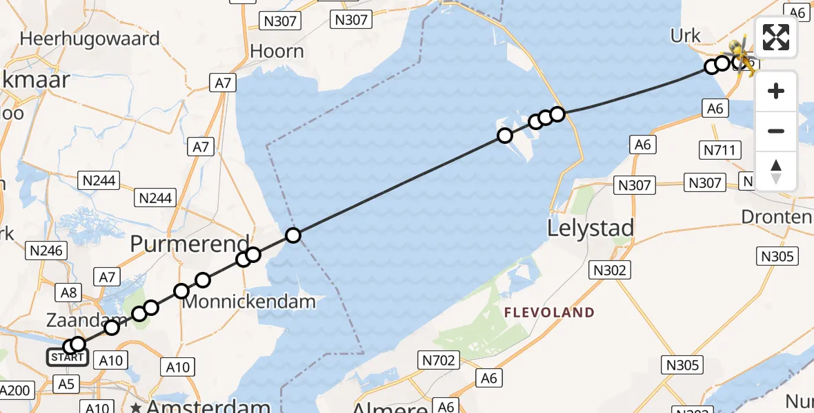 Vluchtroute Traumahelikopter Amsterdam Heliport - Nagele, 20 juli 2026, 17:05