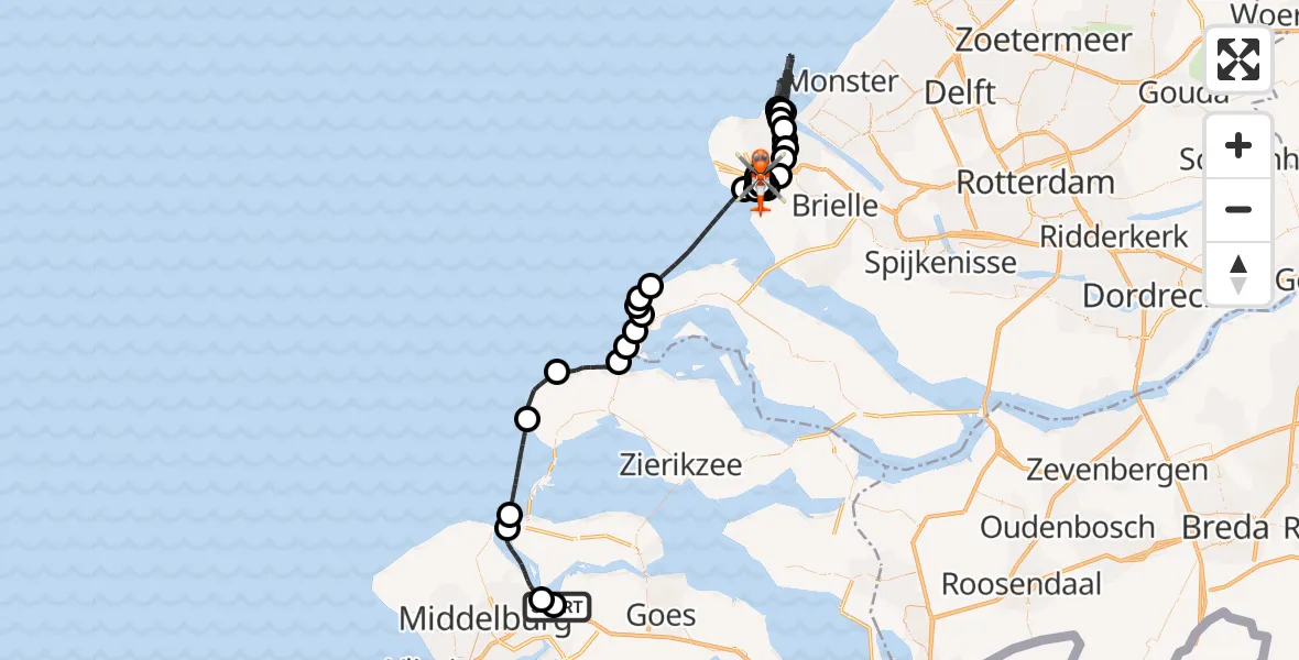 Vluchtroute Kustwachthelikopter Vliegveld Midden-Zeeland - Oostvoorne, 20 juli 2026, 17:13
