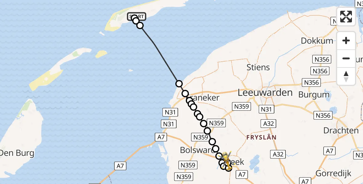 Vluchtroute Ambulancehelikopter Terschelling Heliport - Antonius Hospital Heliport, 20 juli 2026, 19:42