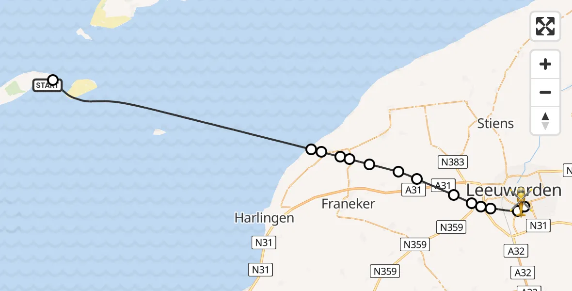 Vluchtroute Ambulancehelikopter Vlieland Heliport - Leeuwarden Medical Center Heliport, 20 juli 2026, 21:00