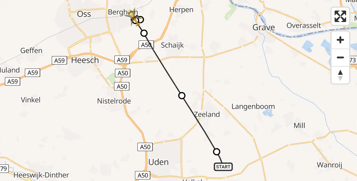 Vluchtroute Traumahelikopter Vliegbasis Volkel - Berghem, 20 juli 2026, 23:03