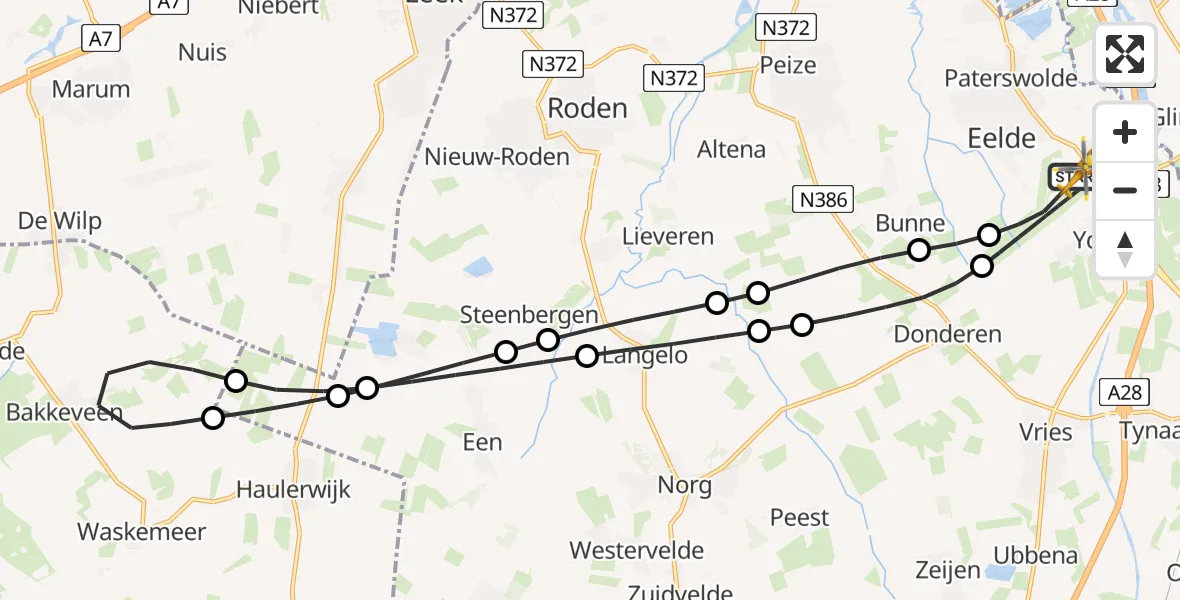 Vluchtroute Traumahelikopter Groningen Airport Eelde - Groningen Airport Eelde, 20 juli 2026, 23:34