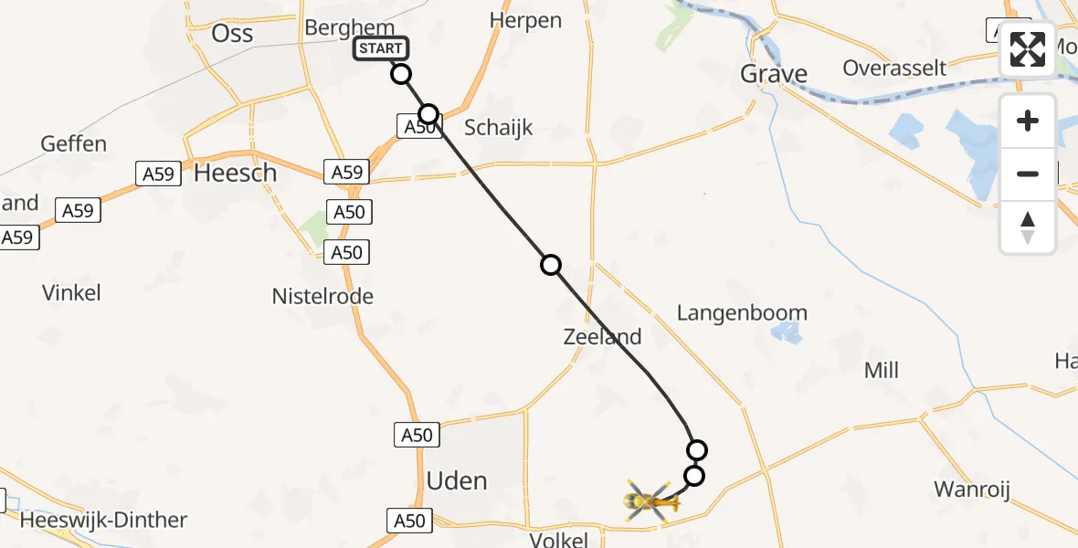 Vluchtroute Traumahelikopter Berghem - Vliegbasis Volkel, 20 juli 2026, 23:41