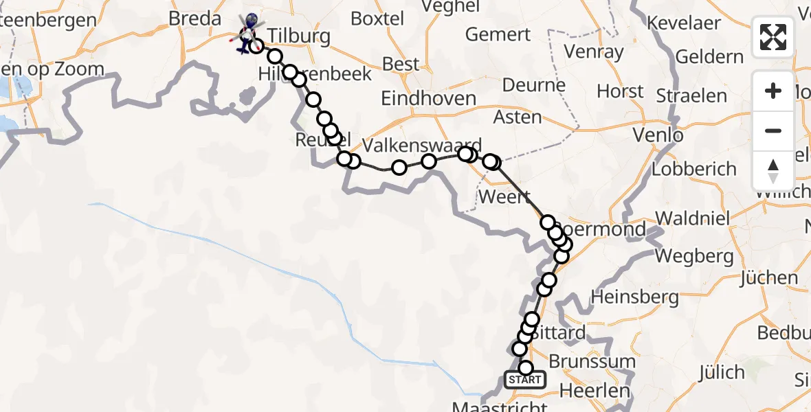 Vluchtroute Politiehelikopter Maastricht Aachen Airport - Vliegbasis Gilze Rijen, 21 juli 2026, 08:10