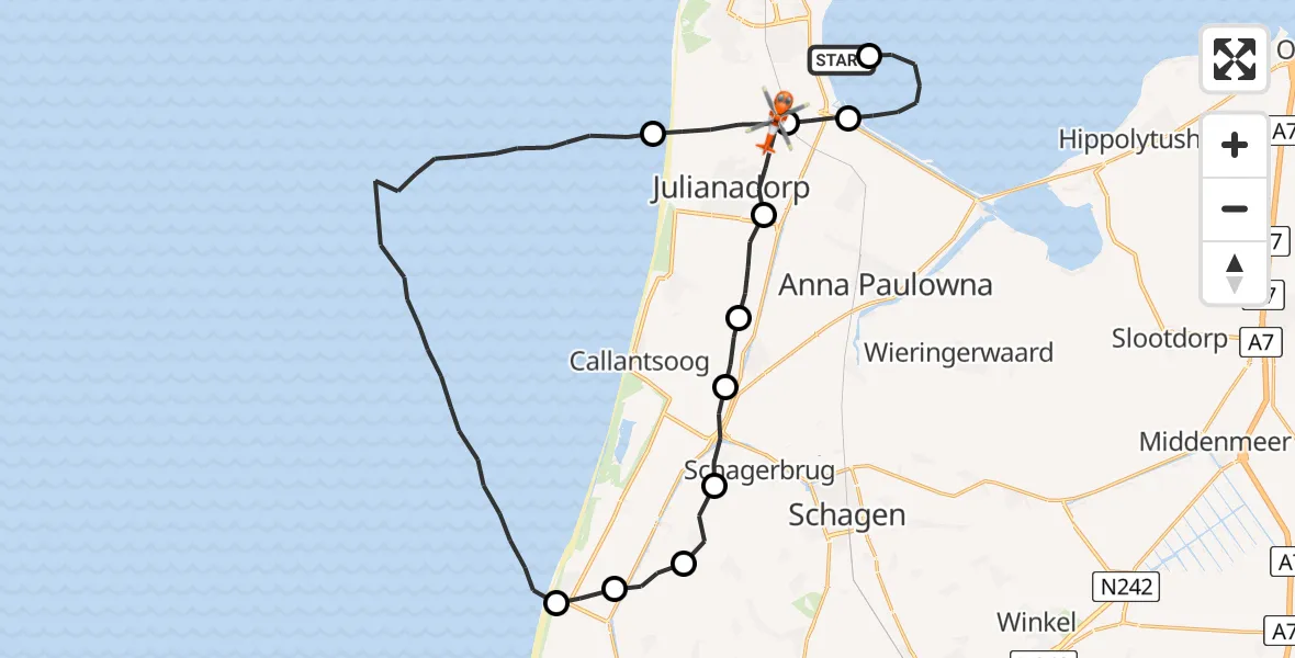 Vluchtroute Kustwachthelikopter Den Helder - Julianadorp, 21 juli 2026, 08:48