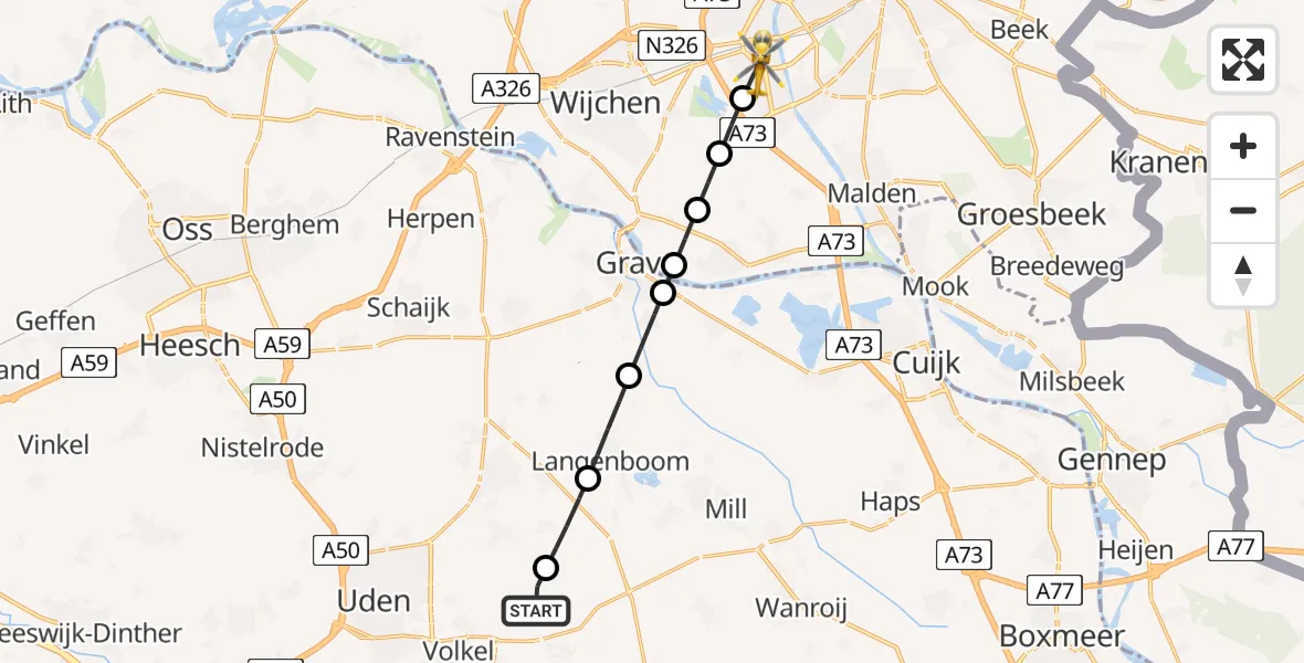 Vluchtroute Traumahelikopter Vliegbasis Volkel - Nijmegen, 21 juli 2026, 08:49
