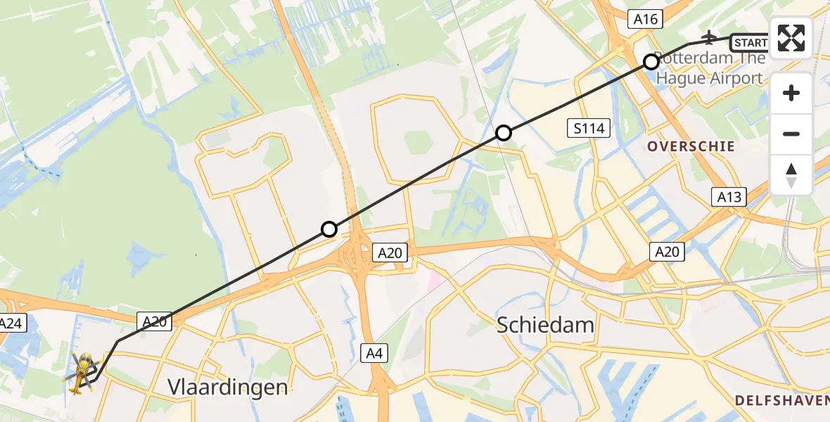Vluchtroute Traumahelikopter Rotterdam The Hague Airport - Vlaardingen, 21 juli 2026, 09:38