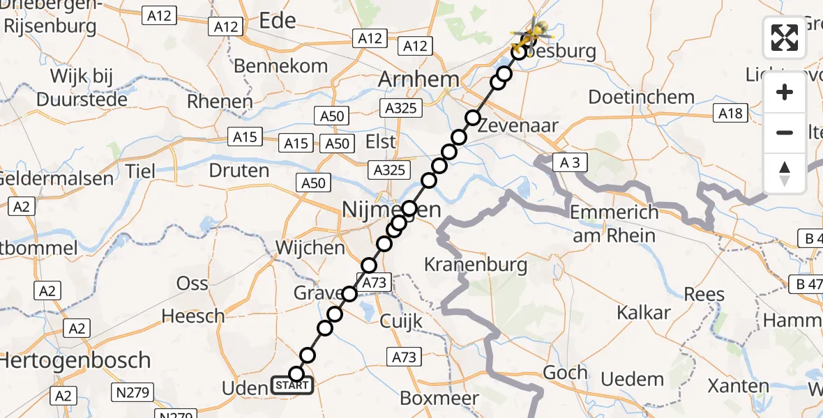 Vluchtroute Traumahelikopter Vliegbasis Volkel - Ellecom, 21 juli 2026, 09:48