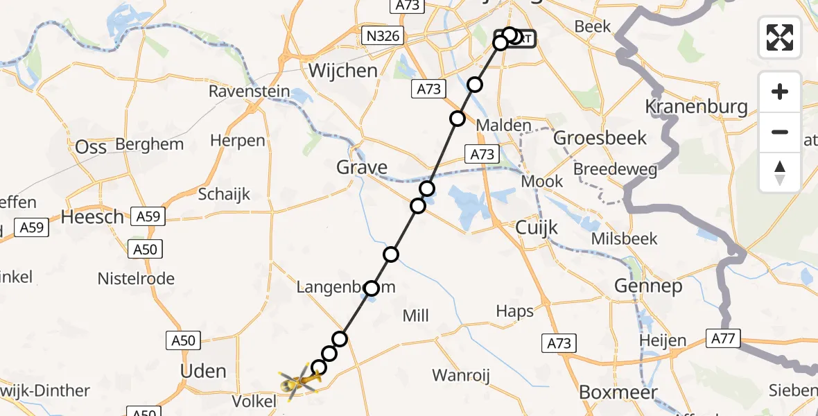 Vluchtroute Traumahelikopter Radboud Universitair Medisch Centrum - Vliegbasis Volkel, 21 juli 2026, 11:05
