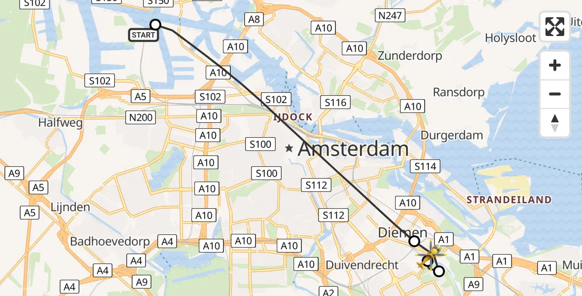 Vluchtroute Traumahelikopter Amsterdam Heliport - Diemen, 21 juli 2026, 11:09