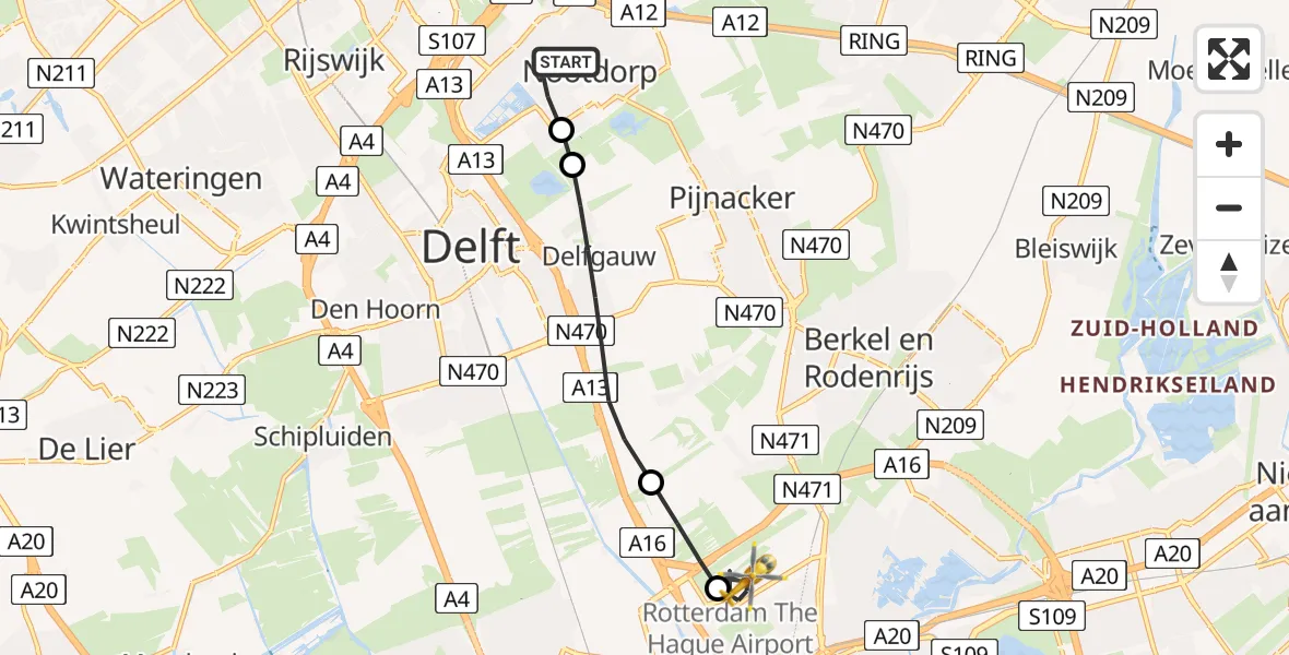Vluchtroute Traumahelikopter Nootdorp - Rotterdam The Hague Airport, 21 juli 2026, 11:17