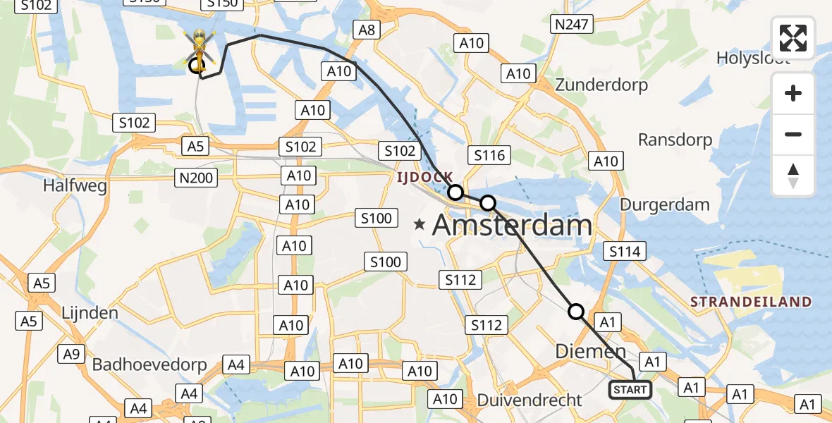 Vluchtroute Traumahelikopter Diemen - Amsterdam Heliport, 21 juli 2026, 11:30