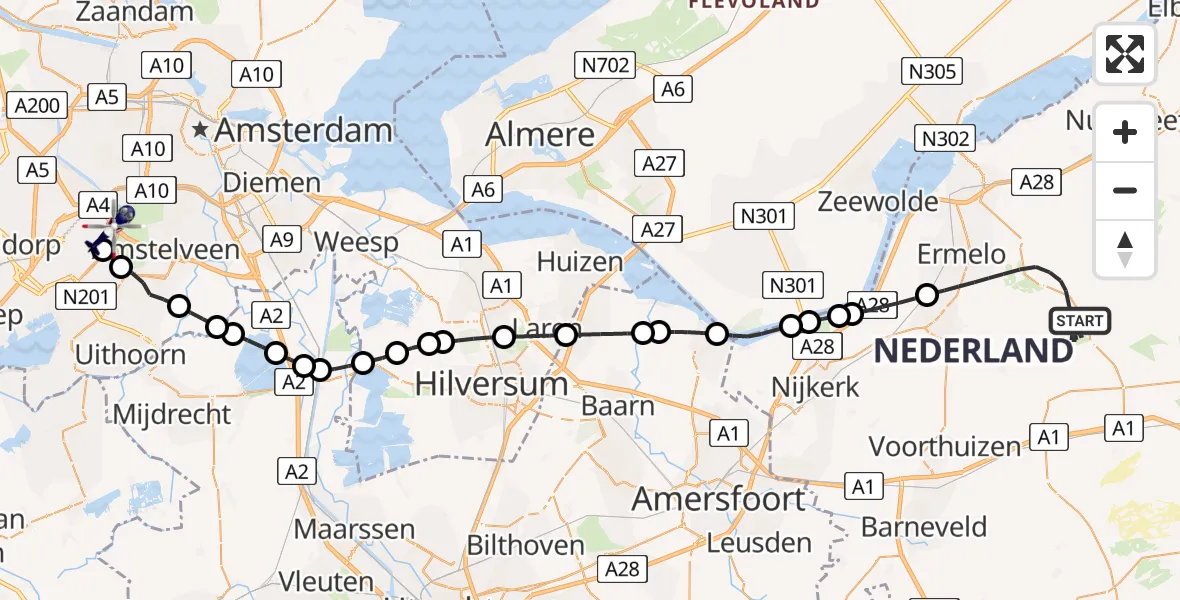 Vluchtroute Politiehelikopter Ermelo - Amsterdam Vliegveld Schiphol, 21 juli 2026, 11:57