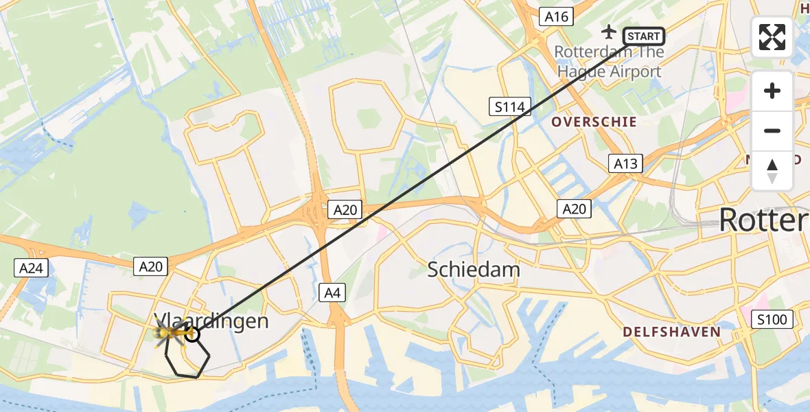 Vluchtroute Traumahelikopter Rotterdam The Hague Airport - Vlaardingen, 21 juli 2026, 15:17