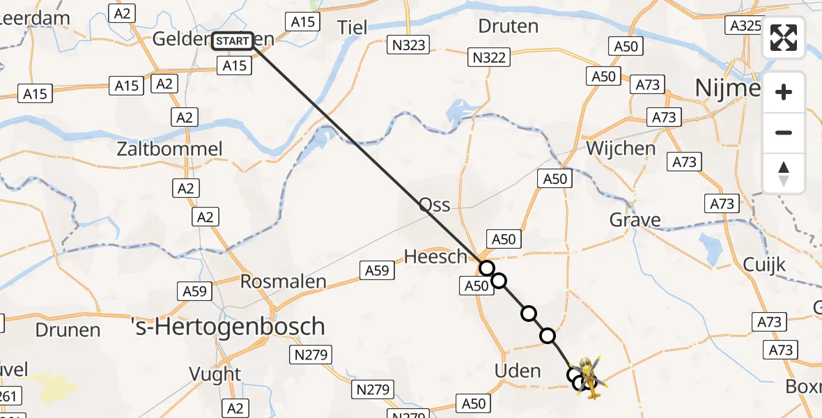 Vluchtroute Traumahelikopter Geldermalsen - Vliegbasis Volkel, 21 juli 2026, 15:19