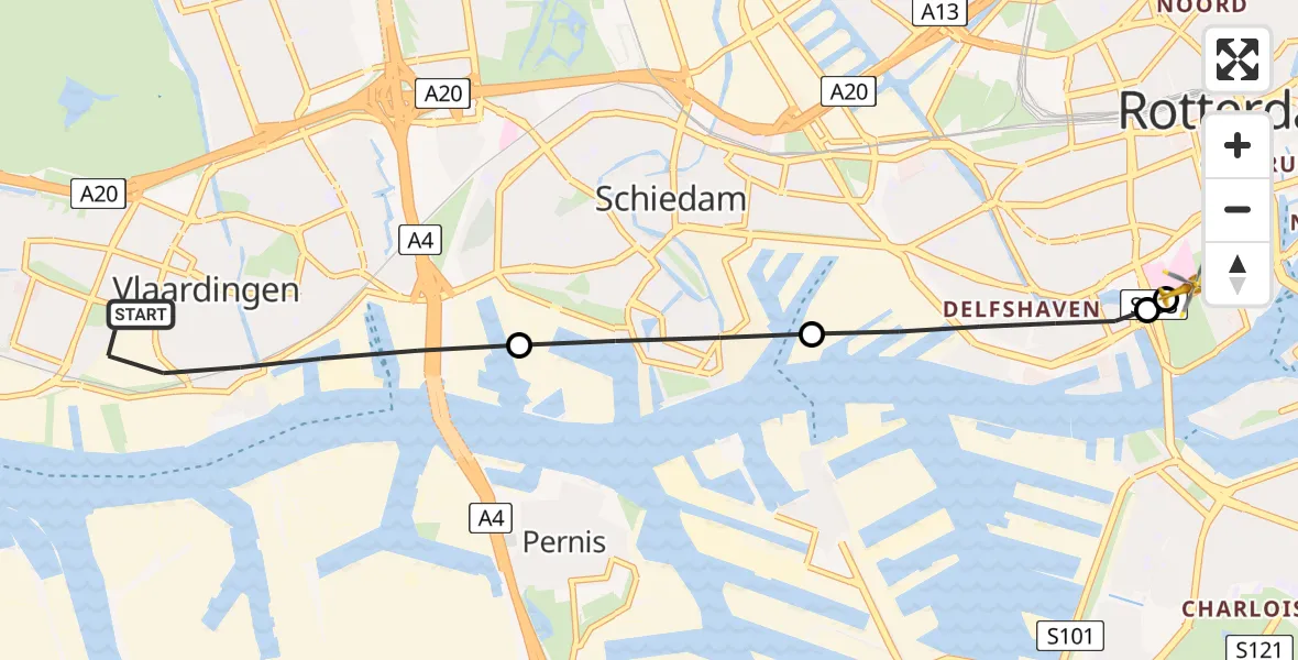 Vluchtroute Traumahelikopter Vlaardingen - Erasmus MC, 21 juli 2026, 16:06