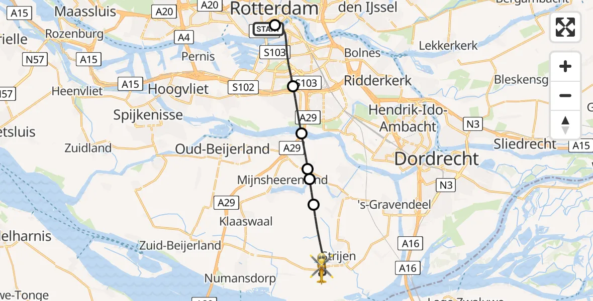 Vluchtroute Traumahelikopter Erasmus MC - Strijen, 21 juli 2026, 16:54