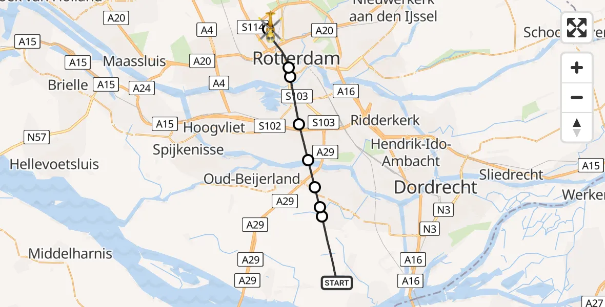 Vluchtroute Traumahelikopter Strijen - Rotterdam The Hague Airport, 21 juli 2026, 17:43