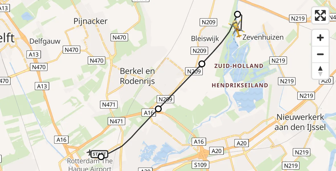 Vluchtroute Traumahelikopter Rotterdam The Hague Airport - Zevenhuizen, 21 juli 2026, 18:02