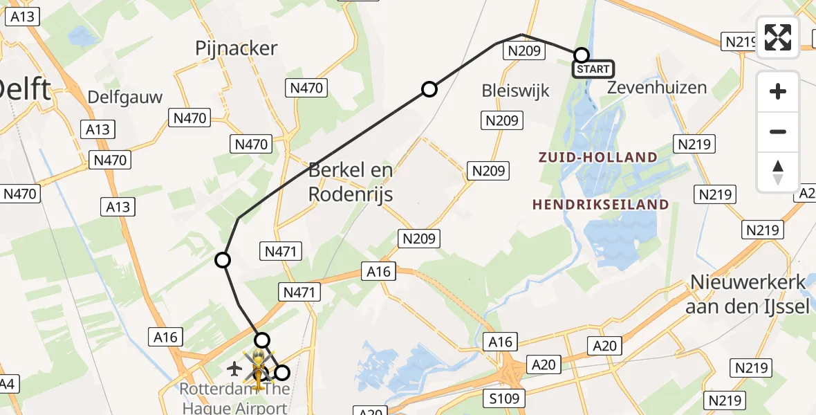 Vluchtroute Traumahelikopter Zevenhuizen - Rotterdam The Hague Airport, 21 juli 2026, 18:28
