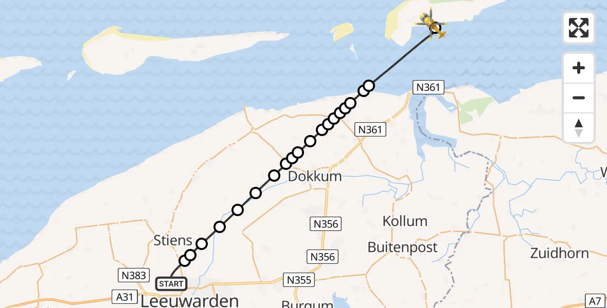 Vluchtroute Ambulancehelikopter Vliegbasis Leeuwarden - Schiermonnikoog Heliport, 21 juli 2026, 20:35