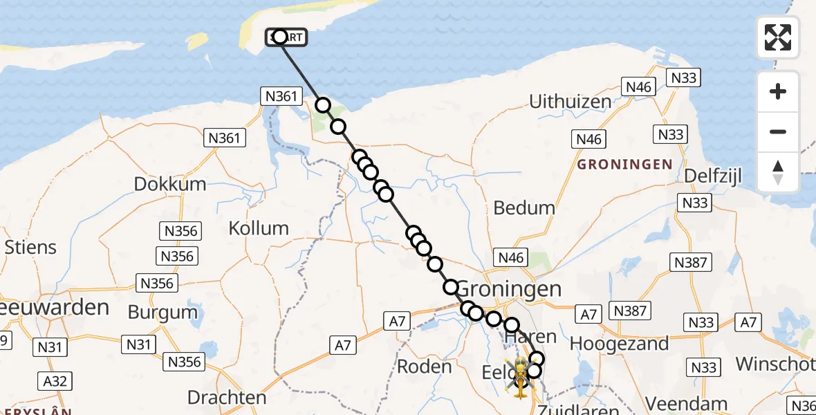Vluchtroute Ambulancehelikopter Schiermonnikoog Heliport - Groningen Airport Eelde, 21 juli 2026, 21:11