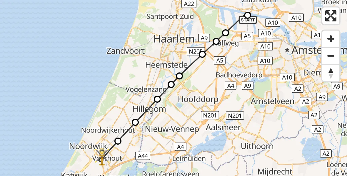 Vluchtroute Traumahelikopter Amsterdam Heliport - Voorhout, 21 juli 2026, 21:49
