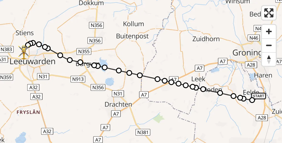Vluchtroute Ambulancehelikopter Groningen Airport Eelde - Vliegbasis Leeuwarden, 21 juli 2026, 22:02