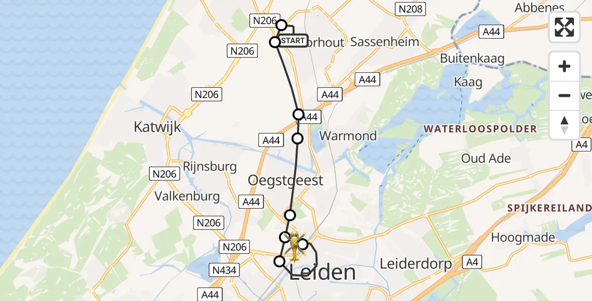 Vluchtroute Traumahelikopter Voorhout - Leiden University Medical Center Heliport, 21 juli 2026, 22:36