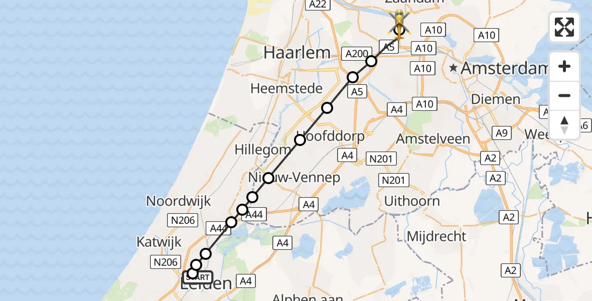Vluchtroute Traumahelikopter Leiden University Medical Center Heliport - Amsterdam Heliport, 21 juli 2026, 22:59
