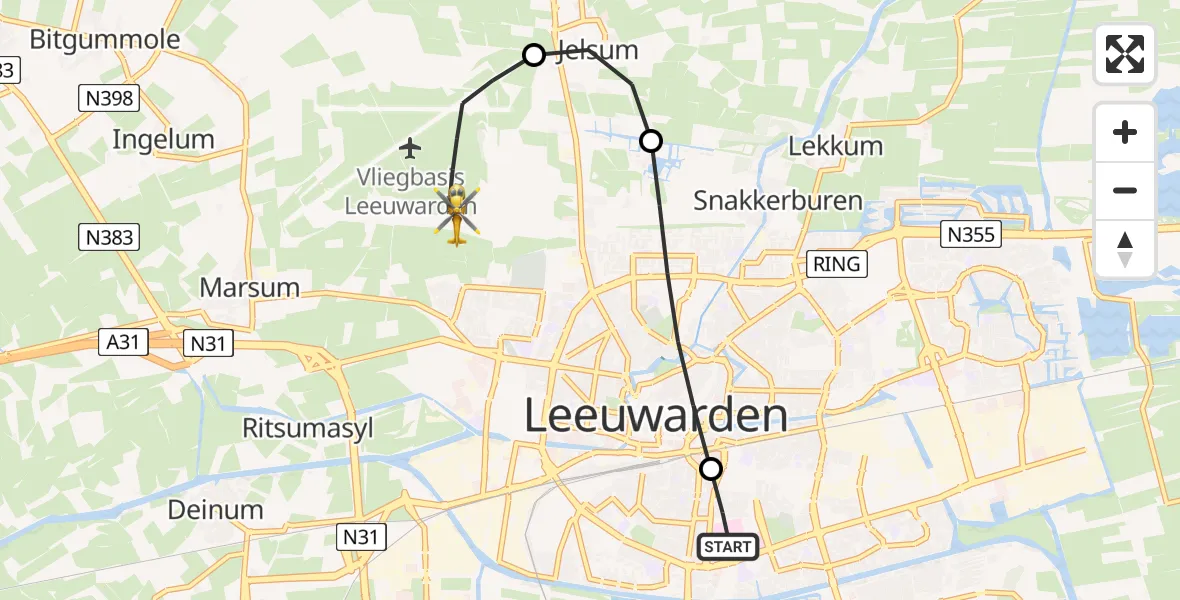 Vluchtroute Ambulancehelikopter Leeuwarden Medical Center Heliport - Vliegbasis Leeuwarden, 21 juli 2026, 23:56