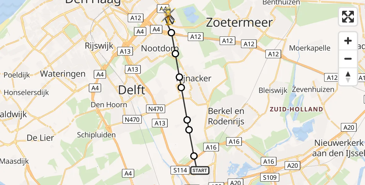 Vluchtroute Traumahelikopter Rotterdam The Hague Airport - 's-Gravenhage, 22 juli 2026, 05:40