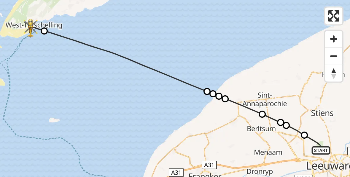 Vluchtroute Ambulancehelikopter Vliegbasis Leeuwarden - West-Terschelling, 22 juli 2026, 06:49