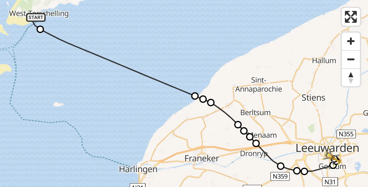 Vluchtroute Ambulancehelikopter West-Terschelling - Leeuwarden Medical Center Heliport, 22 juli 2026, 07:22