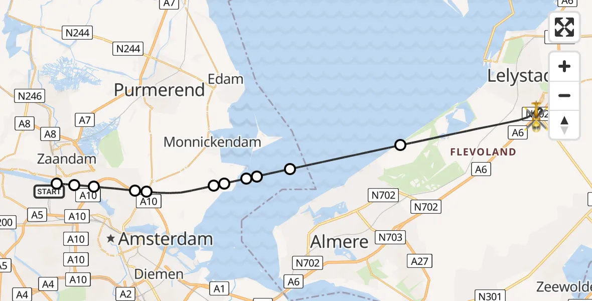 Vluchtroute Traumahelikopter Amsterdam Heliport - Lelystad, 22 juli 2026, 09:11