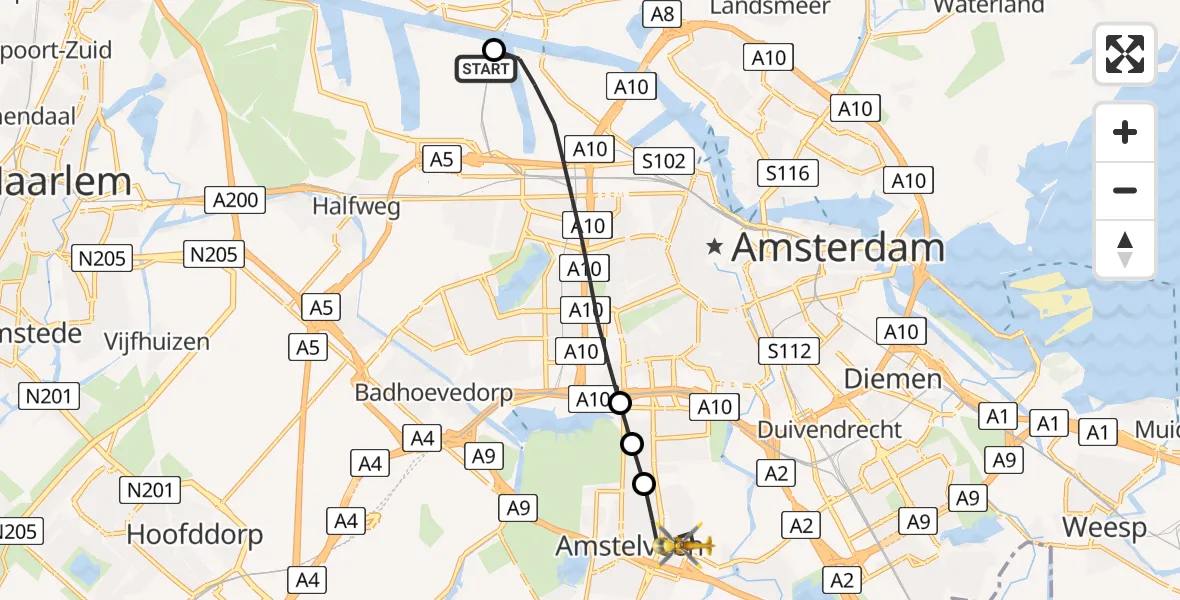Vluchtroute Traumahelikopter Amsterdam Heliport - Amstelveen, 22 juli 2026, 11:20