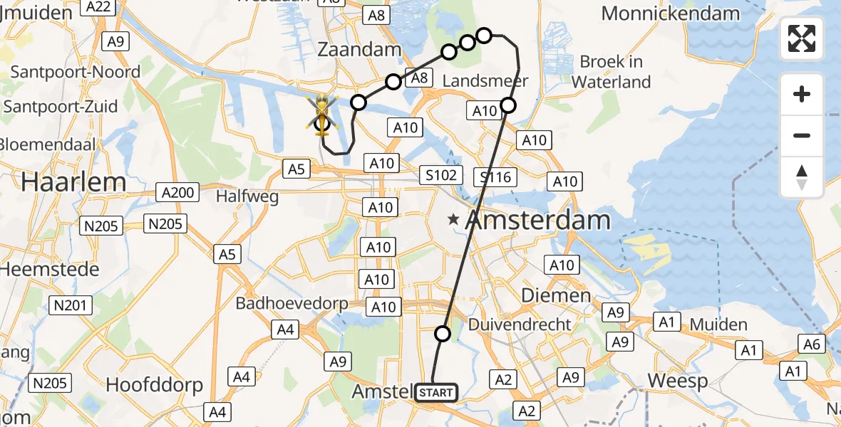 Vluchtroute Traumahelikopter Amstelveen - Amsterdam Heliport, 22 juli 2026, 11:51