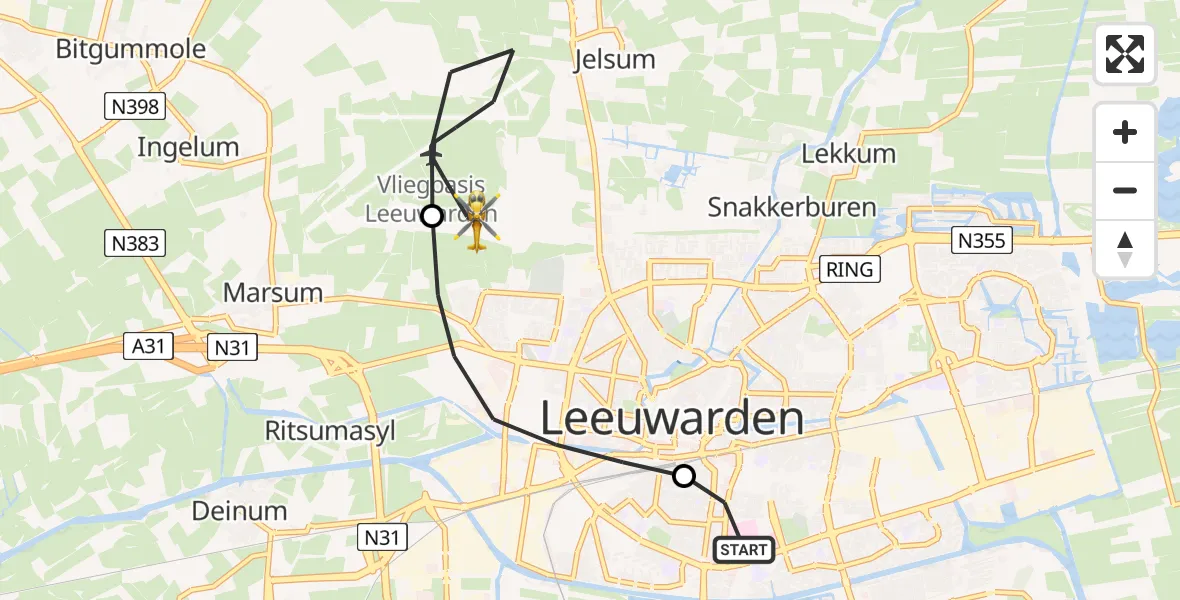 Vluchtroute Ambulancehelikopter Leeuwarden Medical Center Heliport - Vliegbasis Leeuwarden, 22 juli 2026, 12:48