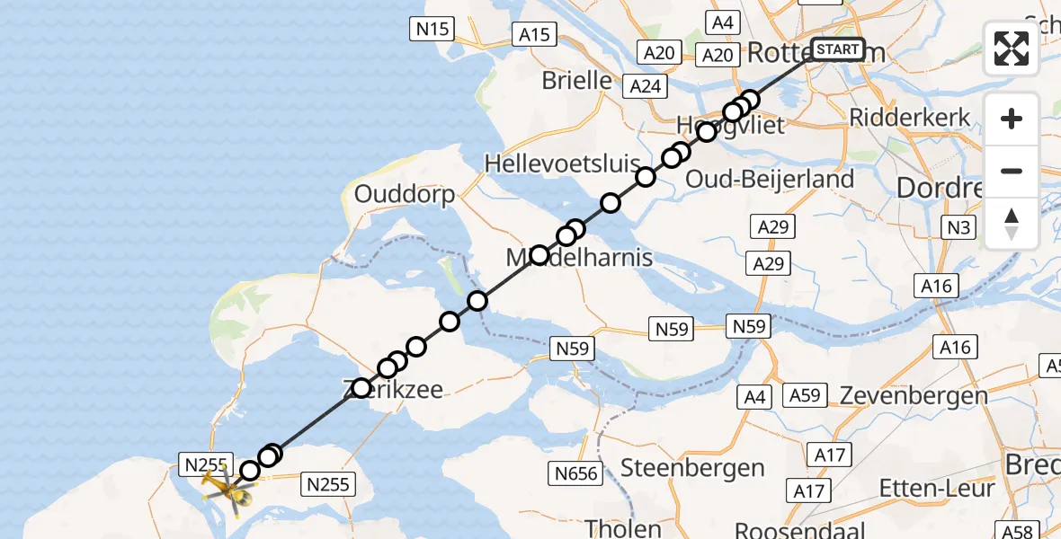 Vluchtroute Traumahelikopter Rotterdam - Kamperland, 22 juli 2026, 13:53