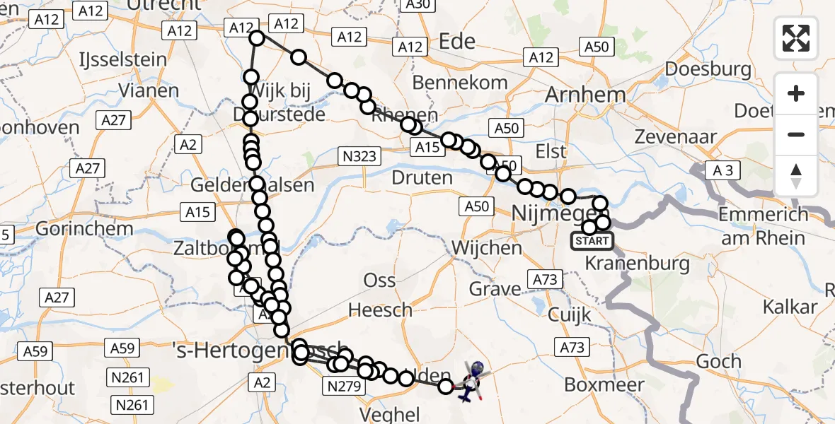 Vluchtroute Politiehelikopter Berg en Dal - Vliegbasis Volkel, 22 juli 2026, 14:24