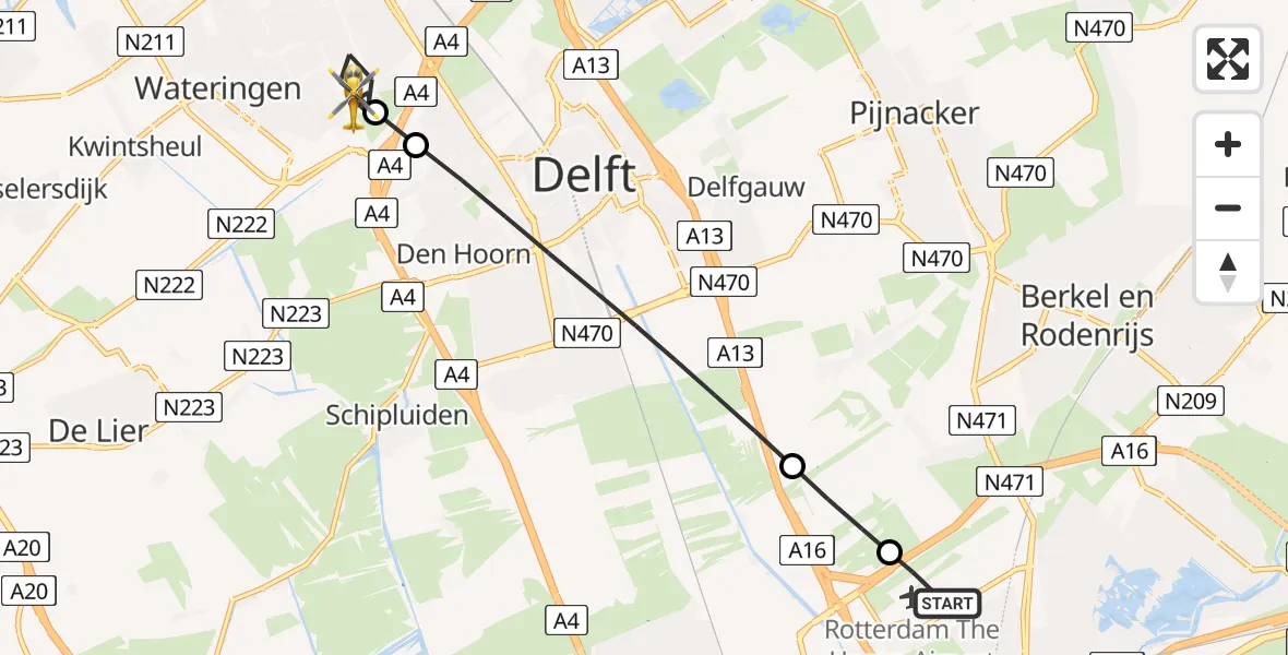 Vluchtroute Traumahelikopter Rotterdam The Hague Airport - Rijswijk, 22 juli 2026, 17:31