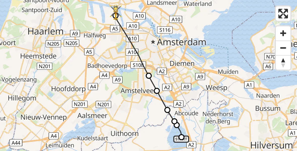 Vluchtroute Traumahelikopter Vinkeveen - Amsterdam Heliport, 22 juli 2026, 17:40