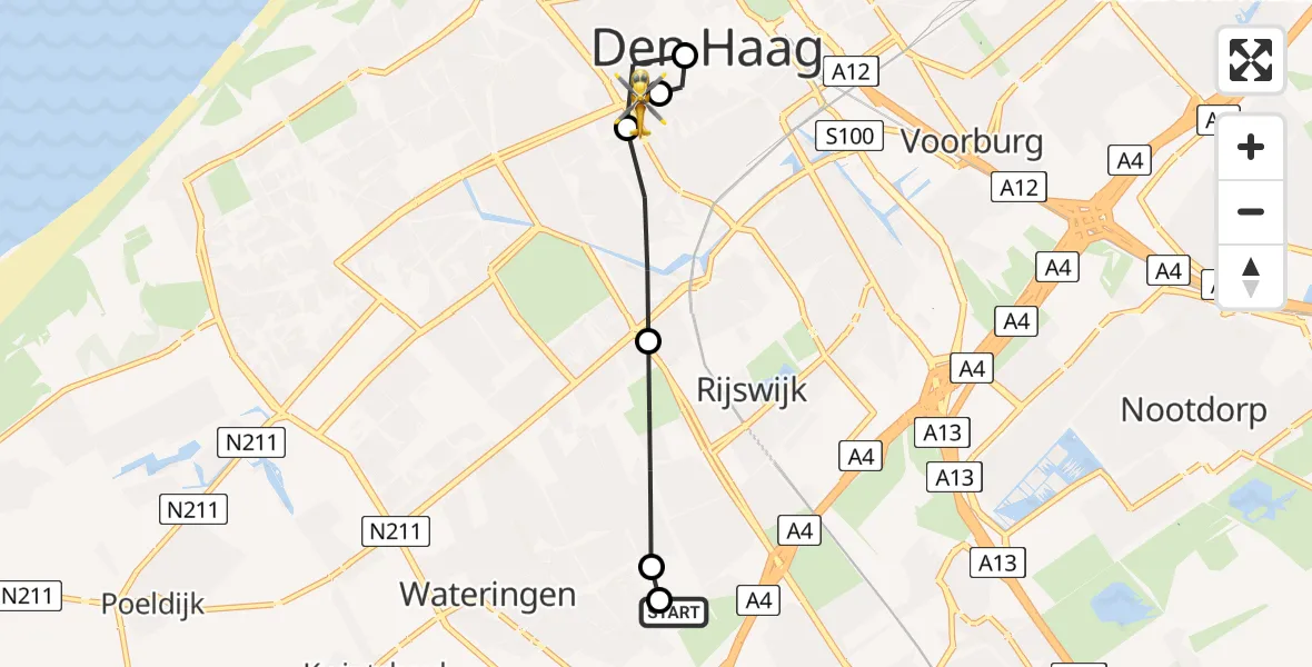 Vluchtroute Traumahelikopter Rijswijk - HMC Westeinde Heliport, 22 juli 2026, 17:59