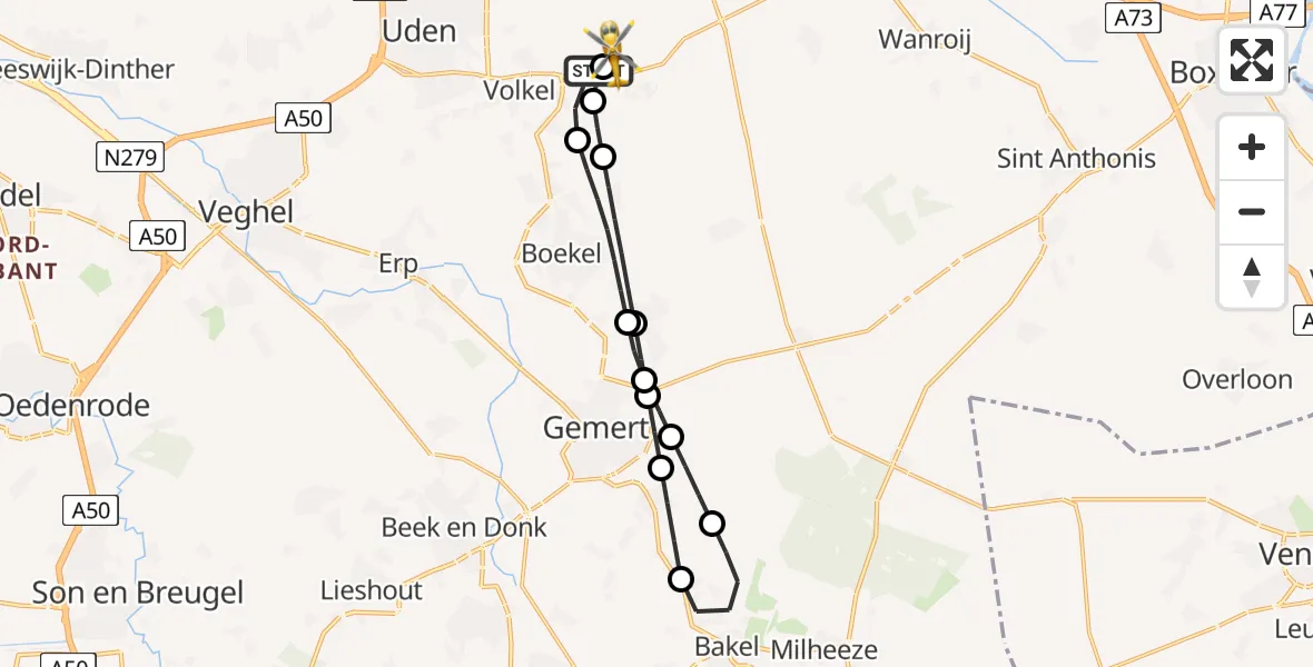 Vluchtroute Traumahelikopter Vliegbasis Volkel - Vliegbasis Volkel, 22 juli 2026, 18:00